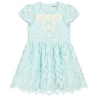 Girls Aqua Bow Lace Dress, 1, hi-res